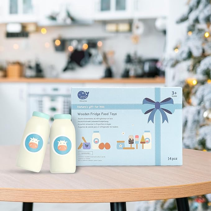 12-Piece Wooden Dairy & Ice Cream Play Food Set – Pretend Fridge Food Accessories w/ Milk Bottles Yogurt Cups Eggs Pastel Popsicles & Holder – Montessori Kitchen Toy for Kids Ages 3+