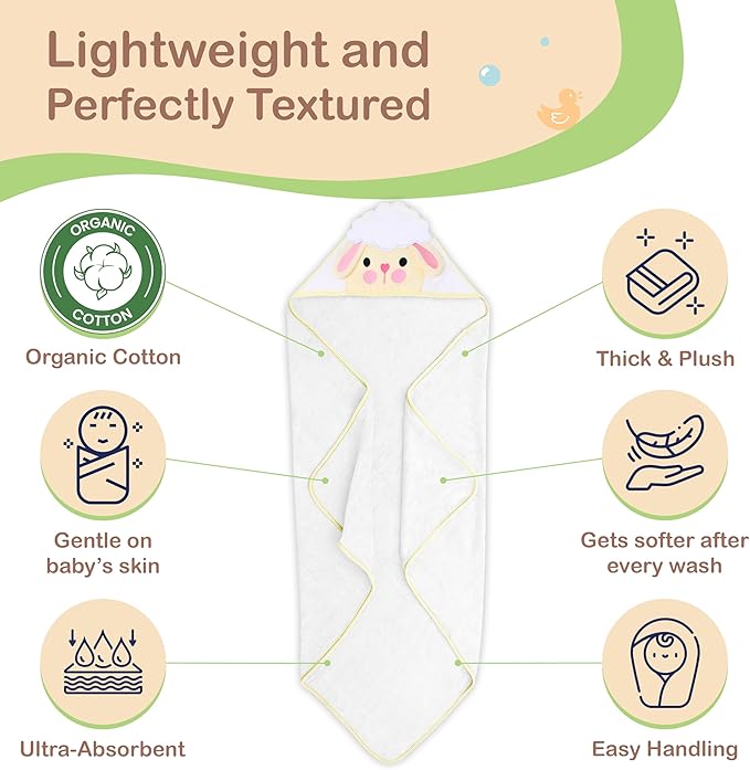 Mother's Choice Baby Hooded Towel - Large Size Cotton, Ultra-Soft & Absorbent Bath Towel for Newborns, Infants, Toddlers, Boys & Girls with Animal Hood (Sheep)