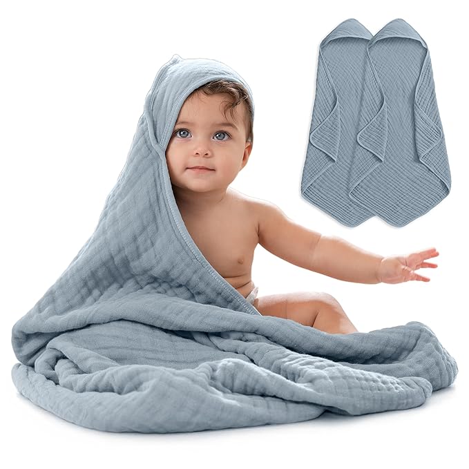 Comfy Cubs Hooded Baby Towel 2-Pack, Large 32 x 32 Inch - 6 Layer 100% Muslin Cotton for Babies, Toddlers and Kids - Soft & Absorbent Baby Bath Towels - Unisex Design for Bath Time - Pacific Blue