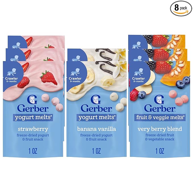 Gerber Stage 3 Baby Food Snacks, Strawberry, Banana Vanilla Yogurt Melts, Very Berry Fruit and Veggie Melts, Baby Led Feeding, 8-Pack