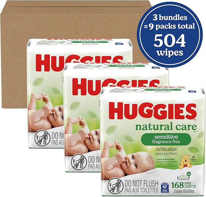 Huggies Natural Care Sensitive Baby Wipes, Unscented, Hypoallergenic, 99% Purified Water, 9 Flip-Top Packs (3 packs of 3), 504 Total Wipes (56 Wipes per pack), Packaging May Vary