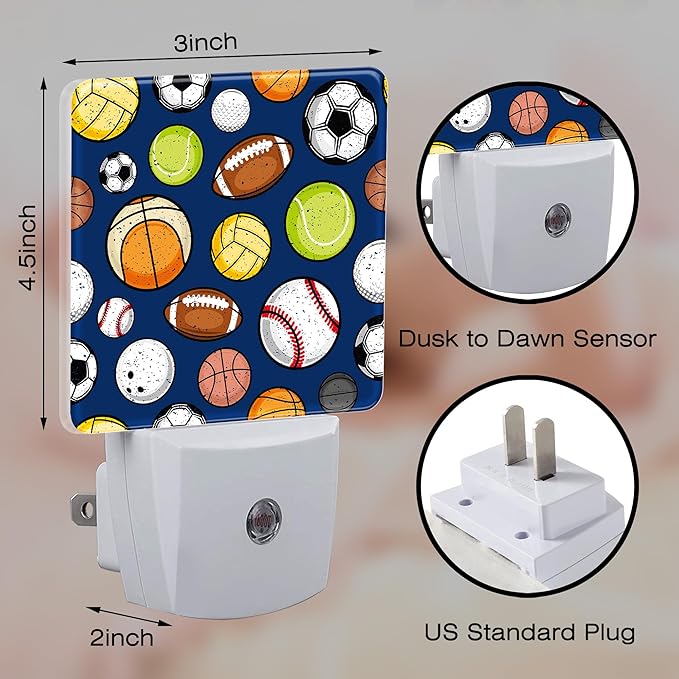 Retro Sports Balls Night Light, Colorful Balls Dusk to Dawn Night Light Plug in,0.5w Energy Saving Sleep Friendly NightLight for Kids Boys Girls Home Bedroom Living Room Kitchen Decor