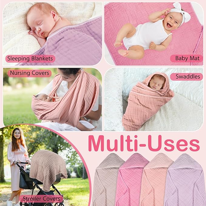 Peryiter 4 Pcs Muslin Hooded Baby Towels, 32"x 32" Cotton Newborn Bath Towel Muslin Infant Baby Blankets Absorbent Unisex Christmas Registry Gift Essentials for Girls Boys (Pink Series)