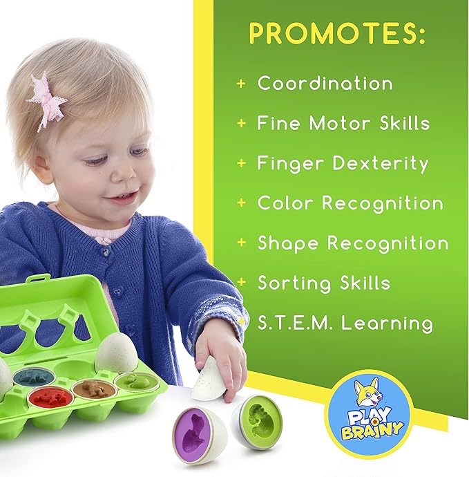 Play Brainy Dinosaur Egg Toys for Toddlers 3+ Montessori, 12 Pc Set, Geometric Egg Puzzle Toy, Early Learning & Educational STEM, Color Recognition, Sorting & Shape Matching, Fine Motor, Easter Gift