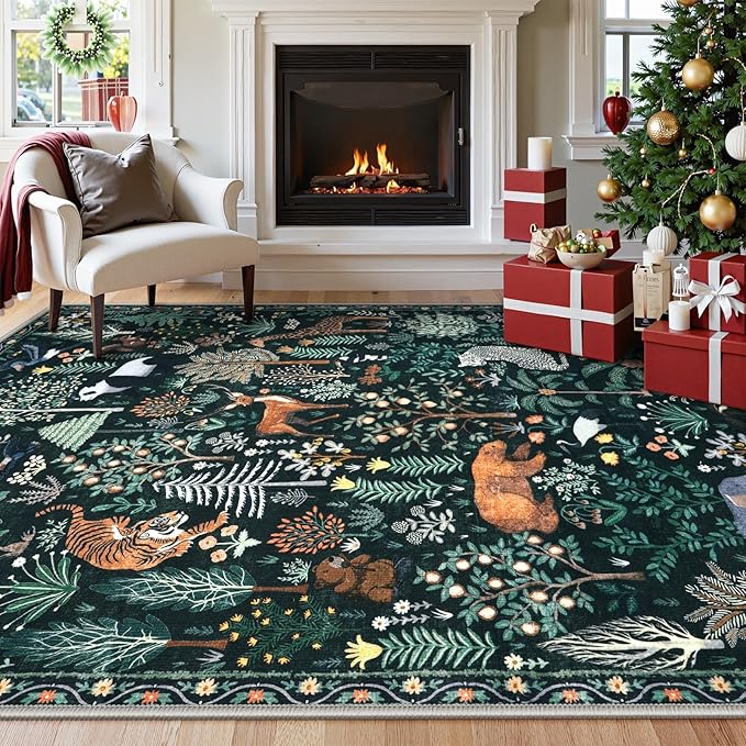 OJIA Jungle Print Nursery Rugs 8x10 Kids Room Rugs for Living Room Playroom, Green Soft Bedroom Rug Washable Area Rugs 8x10, Modern Dining Room Rug Stain Resistant Floor Carpet for Office, Green