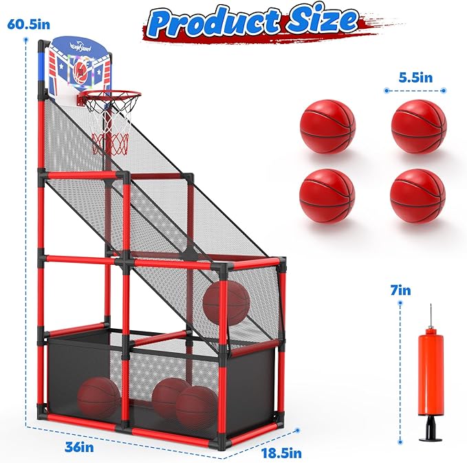 EagleStone Kids Adjustable Arcade Basketball Hoop with LED Lights & Scoreboard, 4 Balls Ball Storage Net, Indoor Outdoor Carnival Basketball Game Set for Boys & Girls Ages 3-12, Pump Included