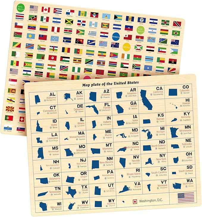 2 Pack Puzzles for Kids Ages 4-6, Wooden Puzzles for Toddlers, Busy Board, Map Jigsaw Puzzle Educational Wood Floor Puzzle, World USA Maps Puzzles Toy Gift for Boys and Girls (US & World Map)