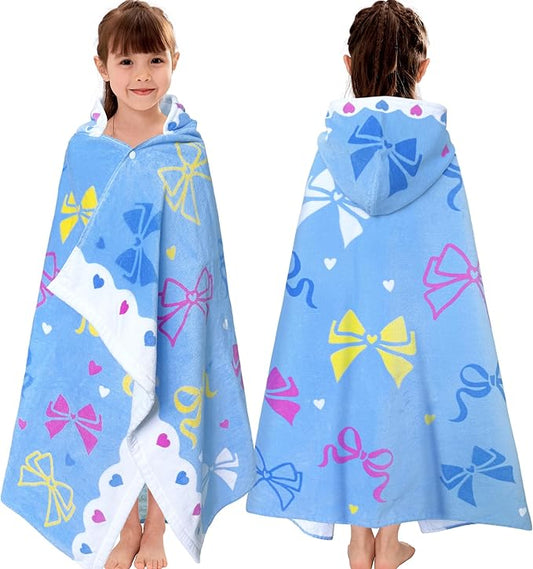 Hooded Beach Towels for Kids 3-10 Years – Soft 100% Cotton Bath & Swim Towel Wrap (30"x50"), Quick-Dry Absorbent Fabric for Toddler Girls – Cute BOW Design, Perfect for Pool, Beach, Bath & Swimming