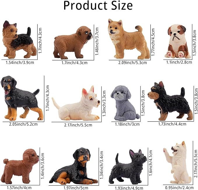 12PCS Dog Figurines, Realistic Plastic Puppy Figurines, Hand Painted Emulational Tiny Dogs Animals Toy, Dog Cake Topper Easter Egg Birthday Gift for Kids and Toddlers