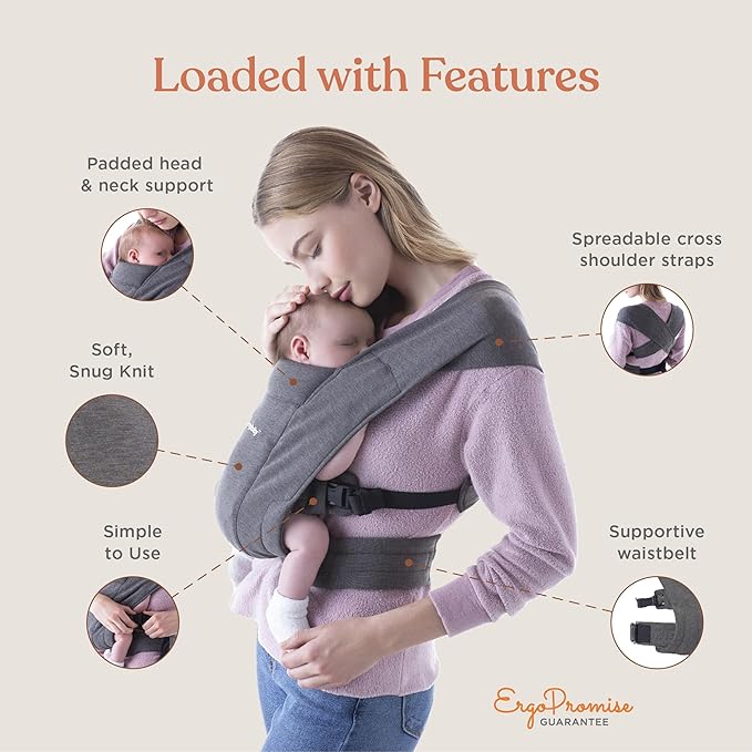 Ergobaby Embrace Baby Carrier Newborn to Toddler - Lightweight Ergonomic Baby Carriers - Cozy Essentials (7-25 Pounds), Soft Air Mesh, Washed Black