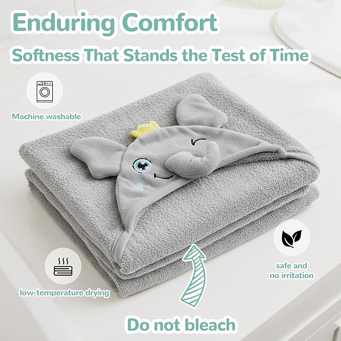 HECCEI HoodieHug Baby Towels, Premium Coral Fleece Bath Towel with Large Size-Ultra Absorbent for Baby Comfort- Great Gift for Newborn, Toddler and Kid (Elephant)