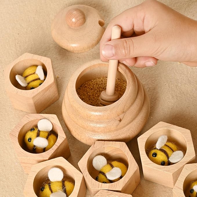 2pcs Wooden Beehive Toys with lid and Honey Stick, Sorting Stacking Toys for Toddlers Montessori Wooden Toy for Toddlers, Sensory Bin Toys for 3 4 5 Years Old