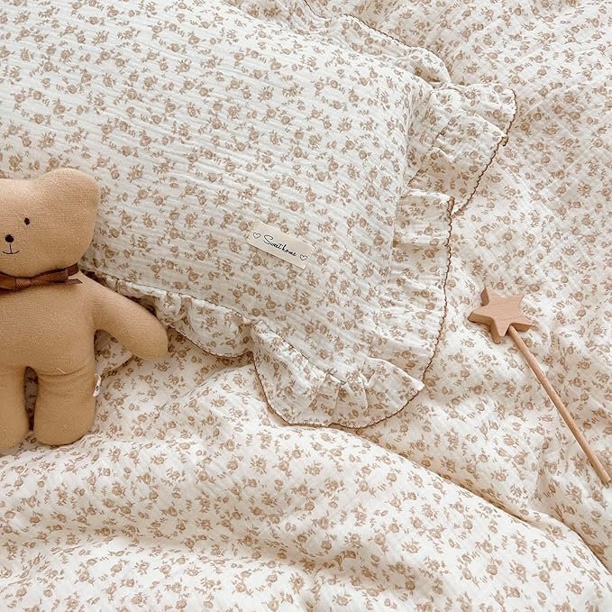 BuLuTu Cotton Muslin Kids Toddler Pillowcase Standard Cute Camellia Flowers Super Soft Travel Pillow Nursery Pillowcase for Boys,Girls,Bedding Decor Machine Washable, Durable Pillowcase,1 Piece