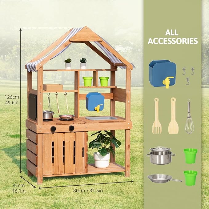 OOOK Mud Kitchen for Kids Outdoor, Kids Kitchen Playset with Canopy, Gardening Tools, Chalkboard, Flower Pot, Cookingware, Removable Water Tank, Ideal Gift for Boys and Girls 3+, Solid Fir Wood.