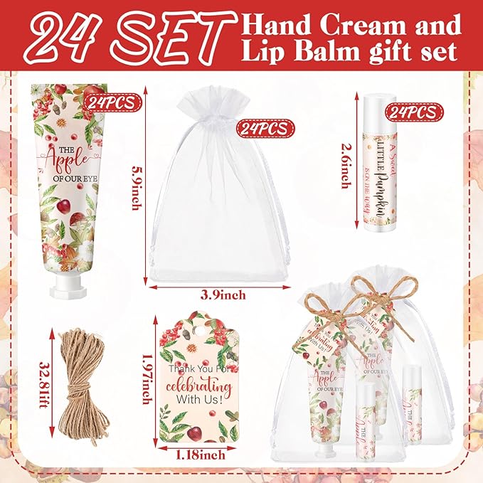 24 Sets Apple of Our Eye Theme Baby Shower Hand Cream and Lip Balm Gift Fall Apple Baby Shower Party Favors Travel Size Hand Lotion and Lip Balm Bulk with Organza Bags Tags Party Supplies for Guest