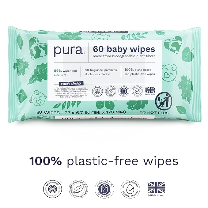 Pura Baby Wipes, 180 Count, Plastic-Free | Sensitive Skin | 99% Water | Fragrance Free | Plant Based