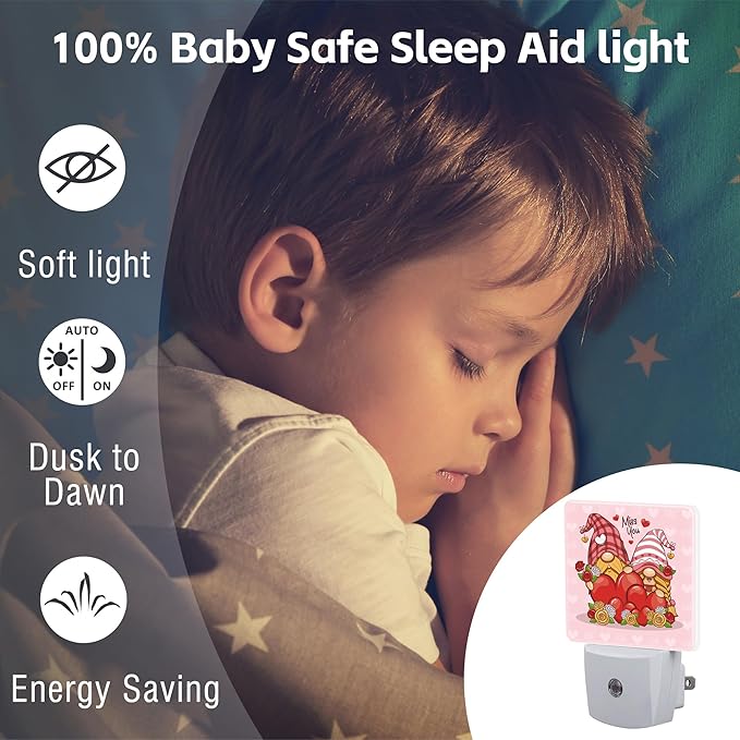 Valentine's Day Gnome Couple Night Light for Kids, Gnomes with Love Red Hearts Night Light Plug in with Dusk to Dawn Sensor,0.5w Energy Saving Nightlight for Hallway Stairway Kitchen Bedroom