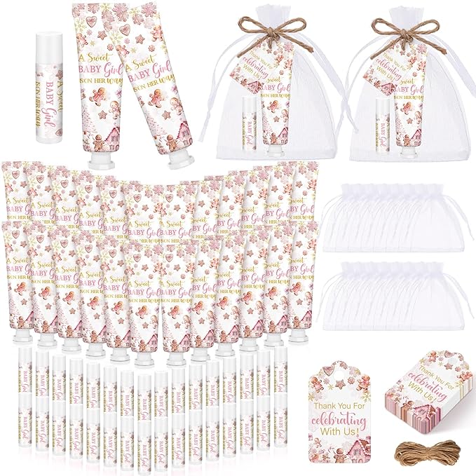 24 Sets Christmas Gingerbread Baby Shower Hand Cream and Lip Balm Gift Christmas Baby Shower Party Favors Travel Size Hand Lotion and Lip Balm Bulk Wedding Bridal Party Supplies for Guest