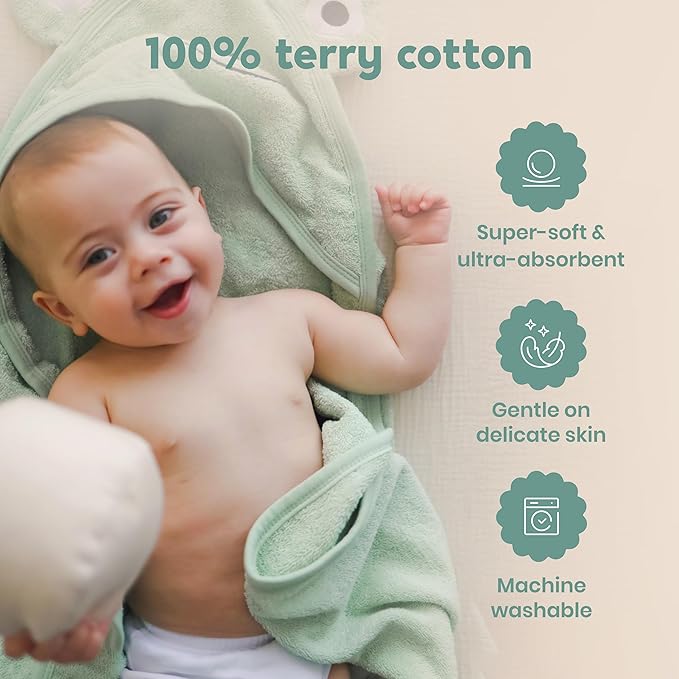 CuddleBug Hooded Baby Bath Towel & Washcloth Set (Frog) - 100% Cotton Terrycloth Hooded Baby Towels for Newborn & Toddler, Super-Soft & Ultra-Absorbent, Newborn Essentials (30" x 30") - Sage Green