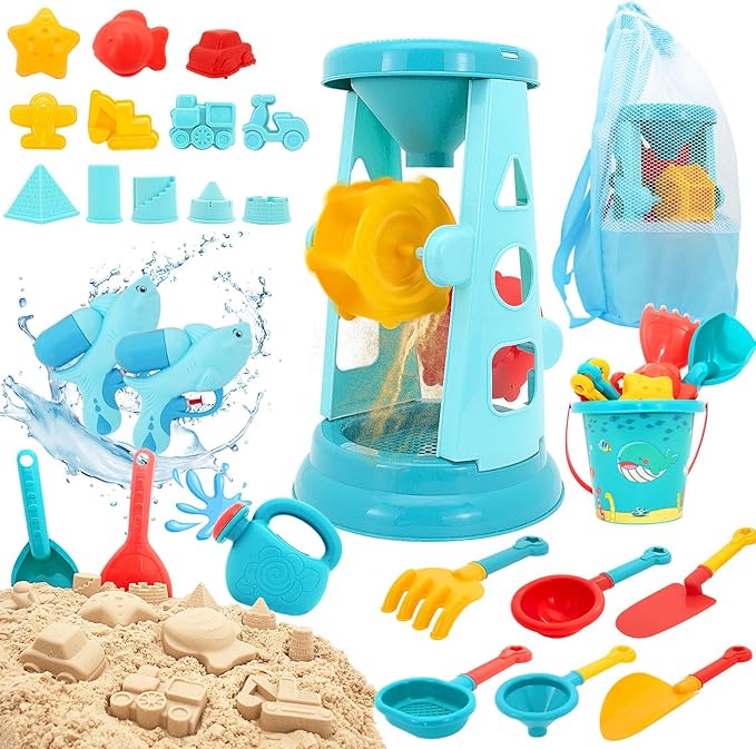 Beach Toys, 25 Pcs Sand Toys Set for Kids Including Water Gun, Sifting Funnel, Bucket, Watering Can, Sand Molds & Mesh Beach Toy Bag, Sandbox Toys for Toddlers 3-12