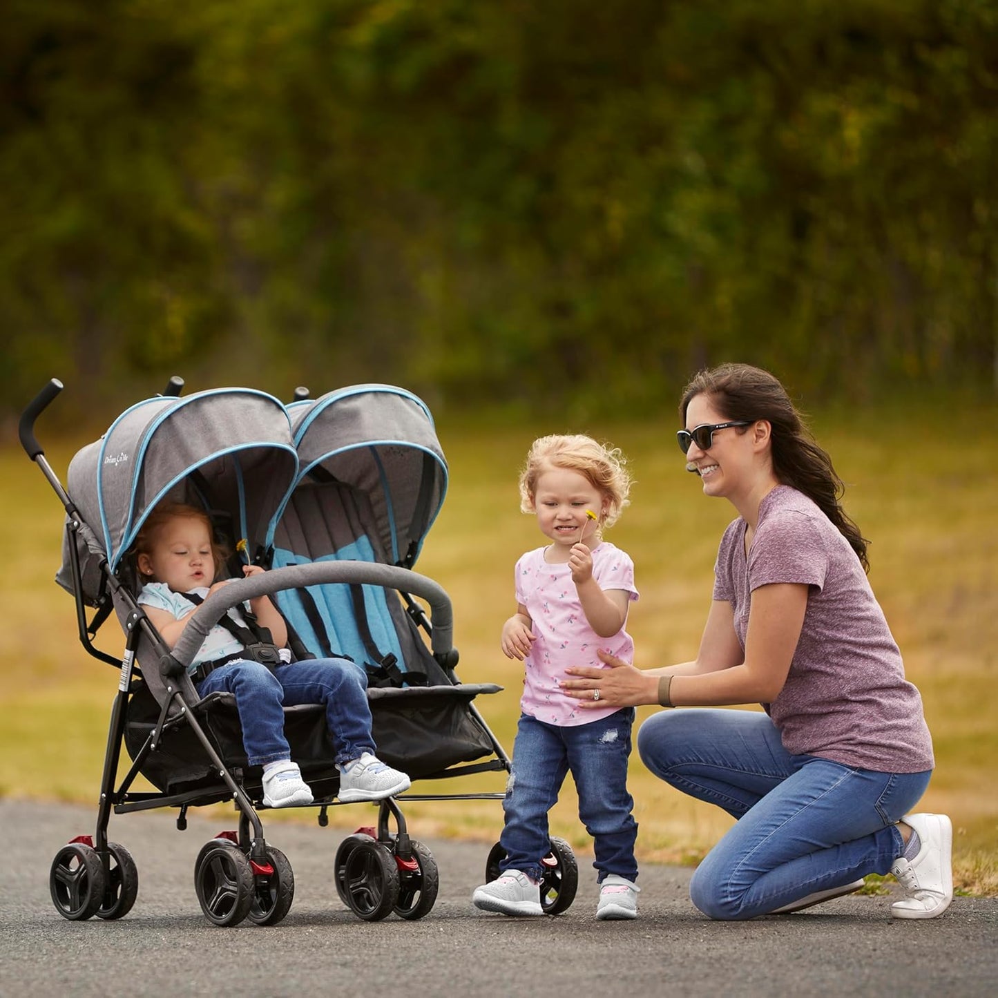 Dream On Me Volgo Twin Umbrella Stroller in Blue, Lightweight Double Stroller for Infant & Toddler, Compact Easy Fold, Large Storage Basket, Large and Adjustable Canopy