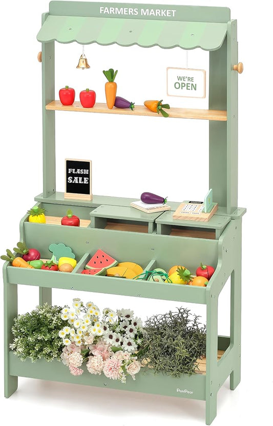 PairPear Wooden Mud Grocery Stand, 2-in-1 Outdoor Market Stand & Mud Kitchen for Kids Outdoor, Montessori Pretend Play Toy with 14 Accessories, Cash Register & Play Food, Ages 3+ in Green