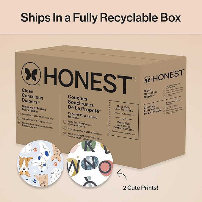 The Honest Company Clean Conscious Diapers for Sensitive Skin, Up to 100% Leakproof Hypoallergenic Fragrance-Free Baby Diapers, Gender Neutral Prints, Super Club Box, Size 5 (27+ lbs), 84 Count