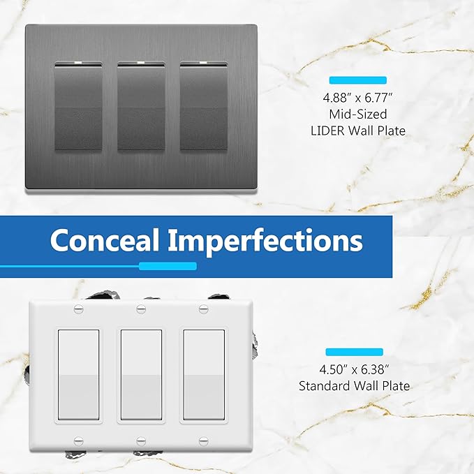 LIDER Brushed Finish Decorator Switch Cover, Screwless Wall Plate, Mid-Size 3-Gang 4.88" x 6.77", Unbreakable Polycarbonate Thermoplastic, UL Listed, LSWP-33M-BSG, Brushed Space Gray