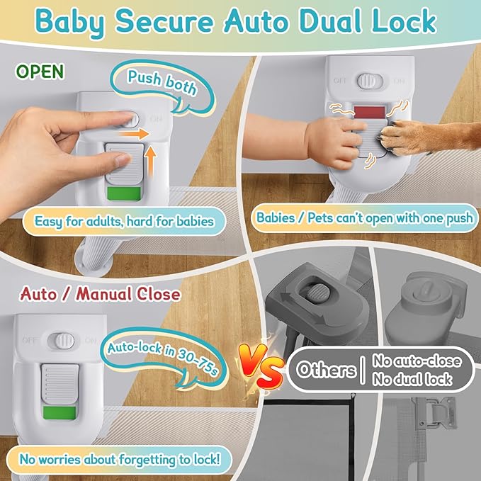 71'' Retractable Baby Gates Extra Wide for Stairs, 42" Tall White Mesh Dog Child Pet Safety Indoor Outdoor Retractable Gate for Doorways, House, Hallway, Deck with Reinforcement Strips