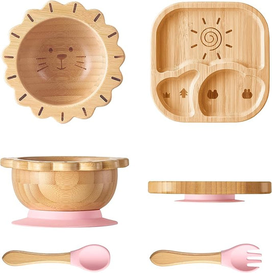 Suction Plates Bowls Set for Baby Toddler Non-Toxic Bamboo Feeding Set with Silicone Fork & Spoon (Pink Feeding Set)