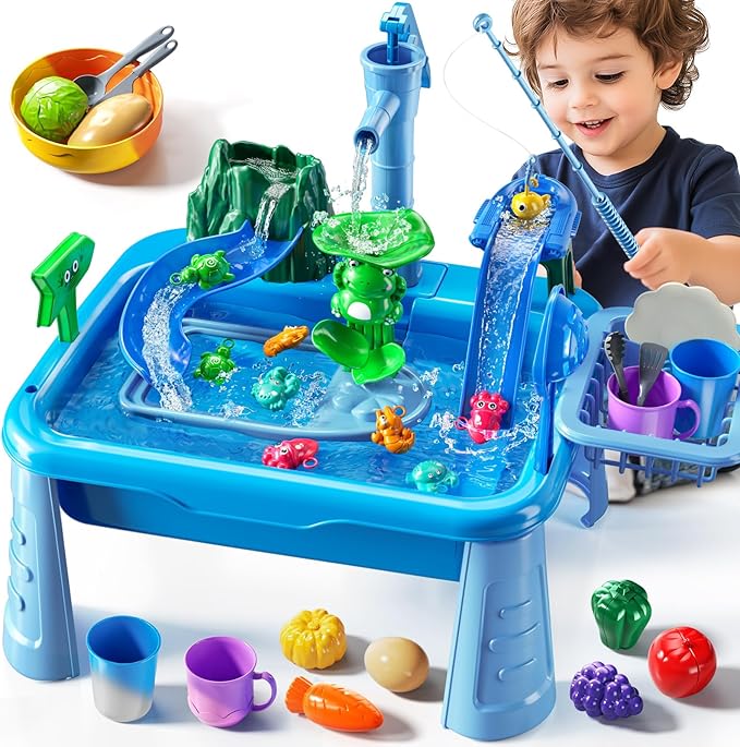 Water Table Play Sink Toy for Kids 2 3 4 5 6 Years Old - Outdoor Kitchen with Running Water, Fishing Games, Toddler Water Play Table for Kids Ages 3-8, Beach Outdoor Toys, Summer Gifts