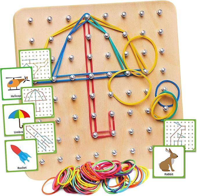 Panda Brothers Wooden Geoboard - Montessori Toys for 3 4 5 Year Old Kids and Toddlers, Educational Toy with 30 Pattern Cards and 40 Rubber Bands to Create Figures, Brain Teaser STEM Toy Geo Board