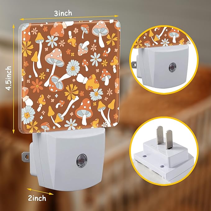 Retro Cartoon Mushrooms Plug Night Light,Childish Floret Night Light Lamp Auto Sensor Energy Efficient Dusk to Dawn Lights for Girls Boys Women Room Decor,Hallway,Kitchen,Bathroom,Nursery,Stairs