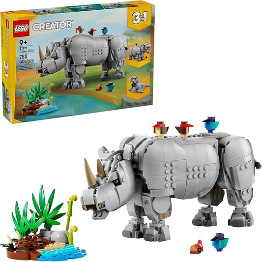LEGO Creator 3 in 1 Wild Animals: Majestic Rhino with Birds Building Toys for Kids - Safari Pretend Play Toys for Girls & Boys, Ages 9+ - Gift for Christmas - 31171