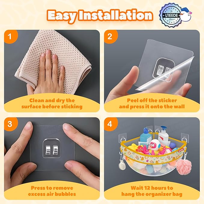 UNEEDE 4.32 Gallons Duck Print Corner Mounted Bath Toy Storage Holder, Yellow Mesh Shower Caddy for Bathtub Organizer, Quick Dry Holder