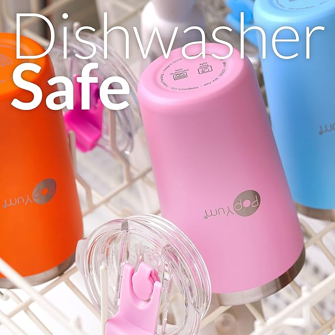 PopYum 13oz Insulated Stainless Steel Kids’ Cups with Lid and Straw, 2-Pack, Green, Pink, stackable, sippy, baby, child, toddler, tumbler, double wall, vacuum, leak proof