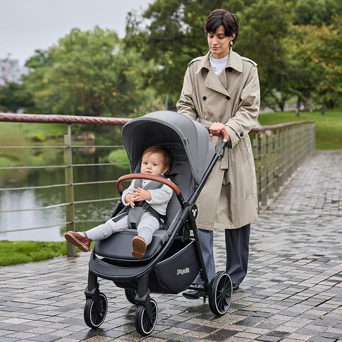 Tinyiota Baby Stroller for Kids,Toddler Stroller with Large UPF 50+ Canopy,Luxury Strollers with Leather Handle & Spacious Seat, One-Hand Foldable Pushchair,Baby Carriage with Lie-Flat Mode(Gray)