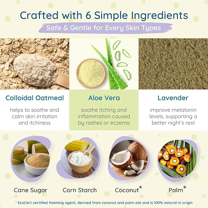 WIISH Baby Oatmeal Bubble Bath - Baby Bubble Bath for Sensitive Skin with 30% Colloidal Oatmeal | Aloe vera powder + Lavender powder Healing Ingredient, soothing Itchiness, Rashes, Dryness 16 oz(260g)