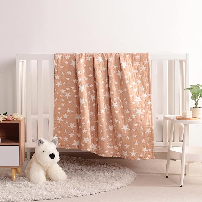 NTBAY 3 Layer Toddler Blanket, Muslin Cotton Jacquard Bed Blankets, Lightweight Thermal Baby Blanket, Super Soft and Warm Crib Blanket for All Seasons, Decoration Gift, 30"x40", Pale Orange Star