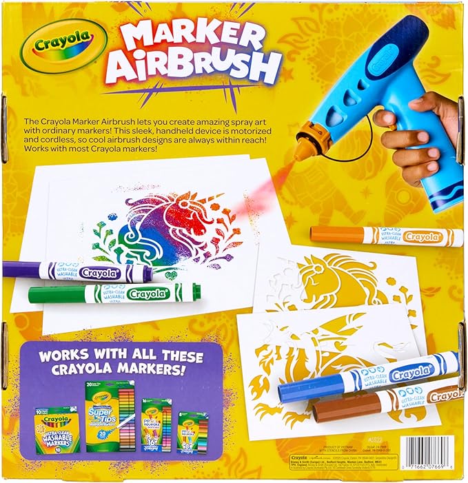 Crayola Marker Airbrush Spray Art Kit, Battery-Powered Sprayer with 8 Washable Markers & 5 Stencils, Holiday for Kids, DIY Craft Set, Ages 6+