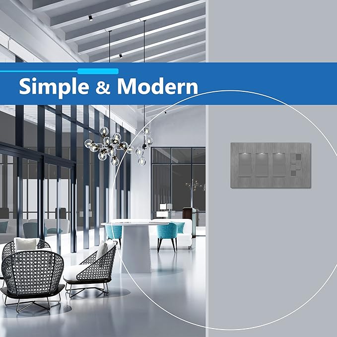 LIDER Brushed Finish Decorator Switch Cover, Screwless Wall Plate, Mid-Size 4-Gang 4.88" x 8.58", Unbreakable Polycarbonate Thermoplastic, UL Listed, LSWP-34M-BGY, Brushed Gray