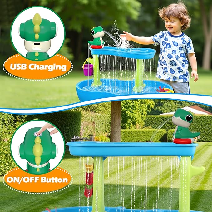 Dinosaur Water Table Pump Continuous Flow - Rechargeable Water Pump for Water Table Accessories - Summer Outdoor Water Play Toys - Battery Powered Water Pump Outside (Green)