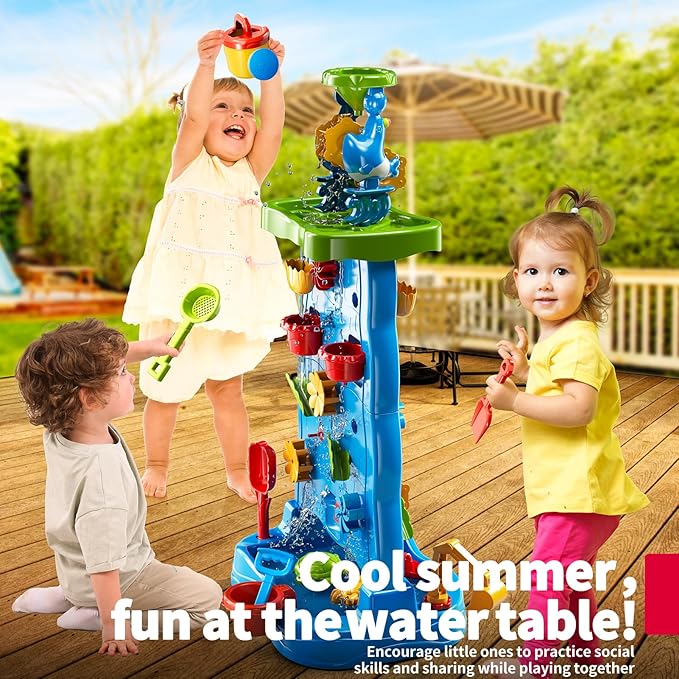 Water Table for Toddlers 1-3 Kids Ages 4-8, Double-Sided Waterfall Discovery Wall with Rich Activity Set, Summer Kids Outdoor Beach Sensory Sand Water Play Table Toys, Birthday Gifts for Boys & Girls