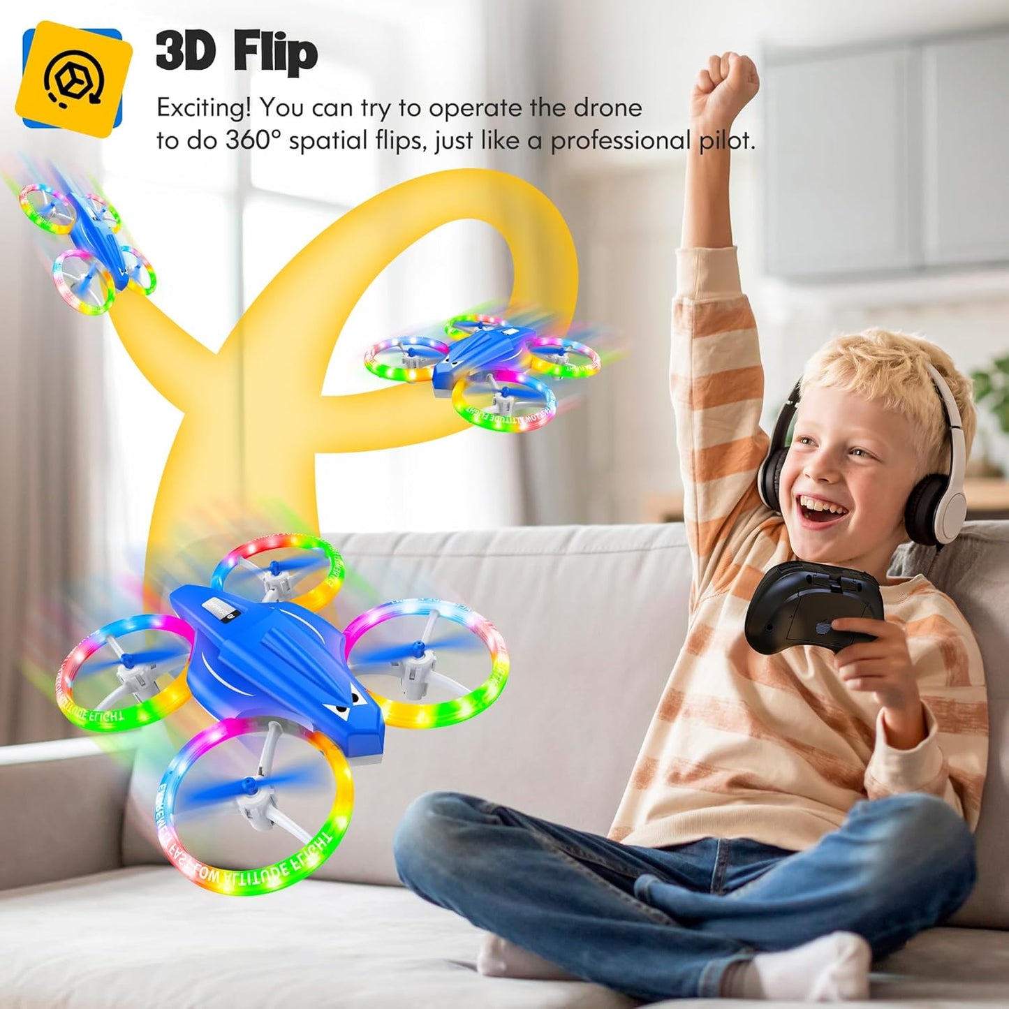 Drones for Kids With Cool Light, Kids Drone with 3D Flip, Altitude-Hold, Self-Rotation, Headless Mode, 3 Speed Modes, One-Click Take-off/Landing, Mini Drone for Christmas, Beginners, Indoor