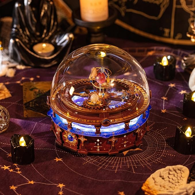 MU 3D Wooden Puzzles The Planisphere Rotating World Globes Craft Work 3D Metal Puzzle Models Kits Treasure Boxes Miniature Building, Music Box DIY Set Birthday New Year Gifts Home Desk Office Decor