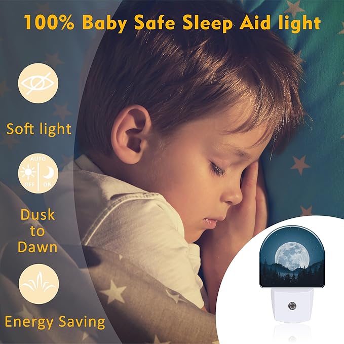 Full Moon and Misty Forest Night Light Plug into Wall, Starry Sky and Forest Dusk to Dawn Night Light,0.5w Energy Saving Sleep Friendly Nightlights for Kids Boys Girls Home Decor