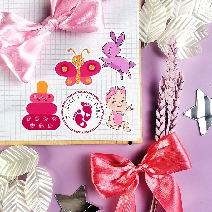 BulbaCraft Baby Girl Stickers, 100Pcs Multicolor Vinyl Decals, Waterproof, Reusable, Multipurpose for Scrapbooking and Party Decor, Newborn, Baby Shower Favors for Girls, Baby Girl Month Stickers