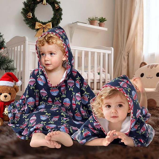VOOVA & MOVAS Hooded Towel Poncho for Toddler with Ruffle Trim | Soft 100% Cotton | Absorbent Thick Towel for Bath, Swim, Beach & Winter | Cozy, Christmas Lamp