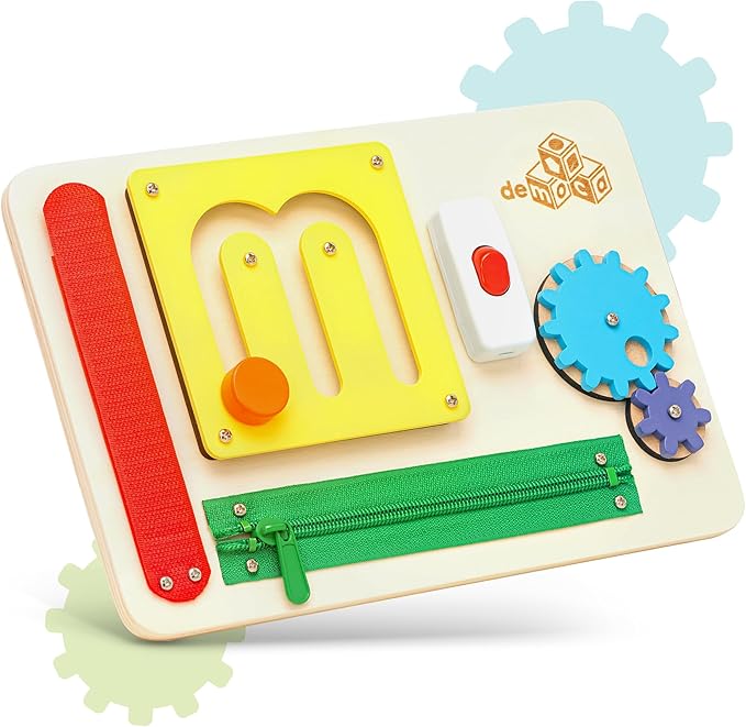 deMoca Sensory Busy Board for Toddlers, Premium Wooden Toddler Busy Board for 1 2 3 Year Old with 10 Educational Activities for Fine Motor Skills, Fidget Activity Toy for Travel Toy (Color)