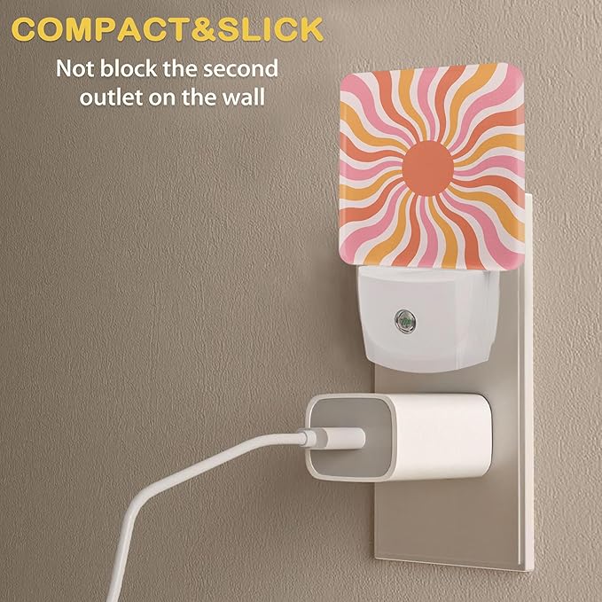 Boho Sun Night Light with Dusk to Dawn Light Sensors, Plug-in Wall Led Night Lights, Energy Efficient Lamp for Bedroom/Bathroom/Kitchen/Hallway/Stairs